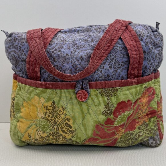 Handcrafted Multi-Color Quilted Fabric Tote Bag Zipper Closure Button Pockets - Picture 4 of 16